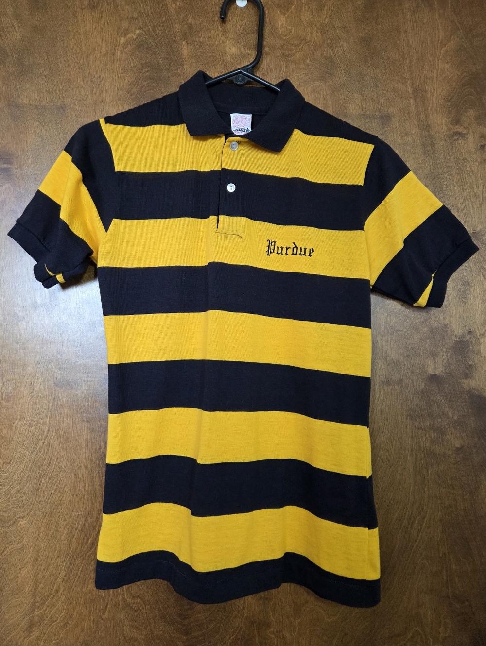 Vintage Purdue Polo Shirt Black and Yellow Stripes Embroidered Single Stitch SML